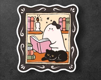 Adesivo fantasma che legge un libro/Adesivo fantasma di Halloween/Adesivo per amanti dei libri