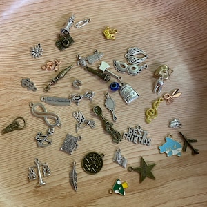 May include: A collection of silver and gold charm pendants with various designs, including a crown, a camera, a microphone, a backpack, a lightbulb, a feather, a star, a mushroom, a book, a musical note, a tooth, a pair of scissors, an anchor, an infinity symbol, a comb, a spoon, a snake, a hummingbird, a mask, a heart, a turtle, a flower, a dollar sign, an eye, a plane, a shark, and the words "Best Friends" and "Dream".