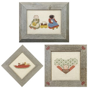 Vintage Cross-Stitch Pictures, stitched on Osnaburg Fabric and Framed in Handmade Barnwood Frames. Made in the USA.