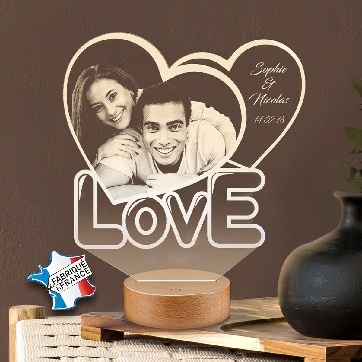 Lampe Photo Personnalisée en Express 24H Par Gravure Laser, Photo et Texte Personnalisable, Cadeau F