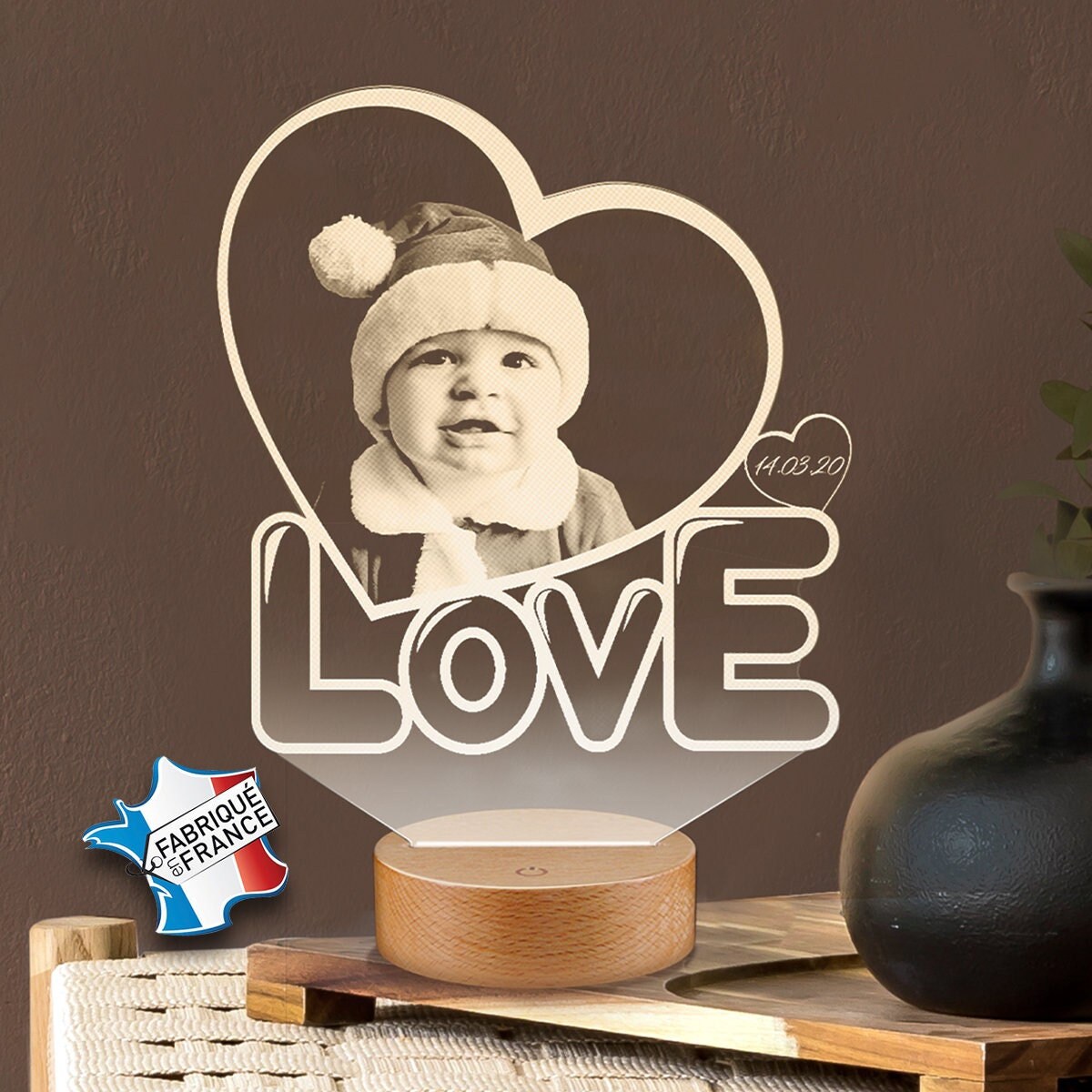 Lampe Photo Personnalisée en Express 24H Par Gravure Laser, Photo et Texte Personnalisable, Cadeau F
