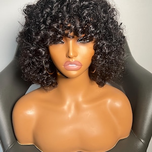 Curly Hair, Wigs With Bang, Rose curly, Black Wig, Glueless Wig.