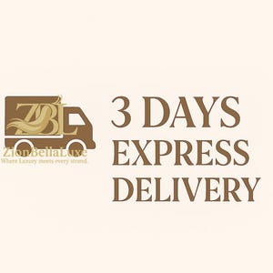 Op de afbeelding: Een bruin grafisch logo met een gestileerde bestelwagen met de letters ZBL en de tekst ZionBellaLuxe Where Luxury meets every strand. Rechts staat de bruine tekst 3 DAYS EXPRESS DELIVERY op een lichtbeige achtergrond.
