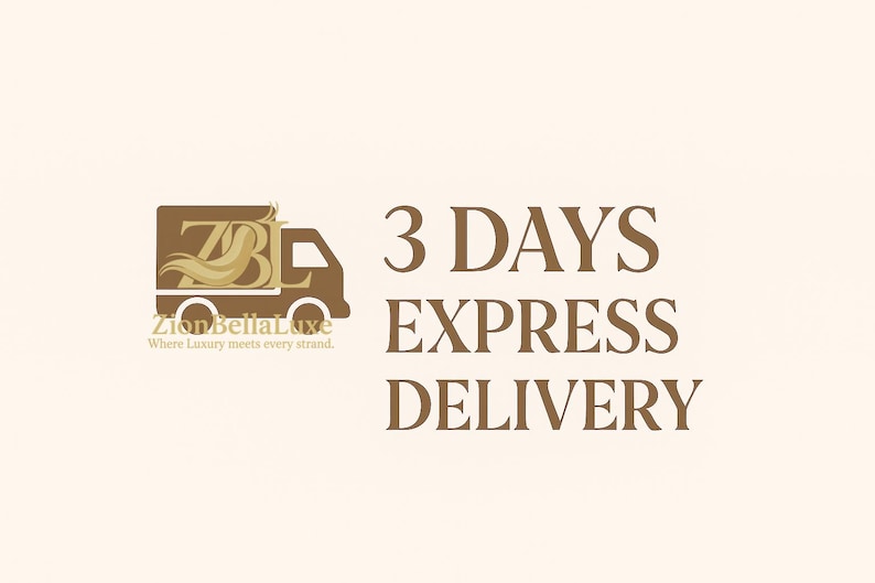 Op de afbeelding: Een bruin grafisch logo met een gestileerde bestelwagen met de letters ZBL en de tekst ZionBellaLuxe Where Luxury meets every strand. Rechts staat de bruine tekst 3 DAYS EXPRESS DELIVERY op een lichtbeige achtergrond.