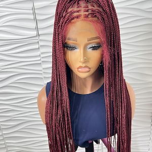 Burgundy Knotless Braided Lace Wig, Glueless Long Braids, 30 Inch Full Lace Wig for Women