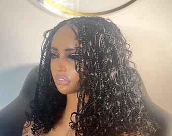 Short Boho Braids Wig – 10-12 Inch Bohemian curls Knotless Braids, Glueless Closure Lace, Black Braids, Ready to Ship! Wig for black women.