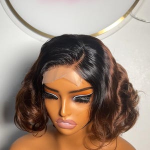 Ombre Human Hair Wig: Black/Brown Bounce Curls, 10 inch Lace Front Wig