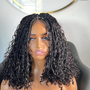 Short Boho Braids Wig – 10-12 Inch Human Hair Knotless Braids, Glueless Closure Lace, Black Braids, Ready to Ship! Wig for black women.