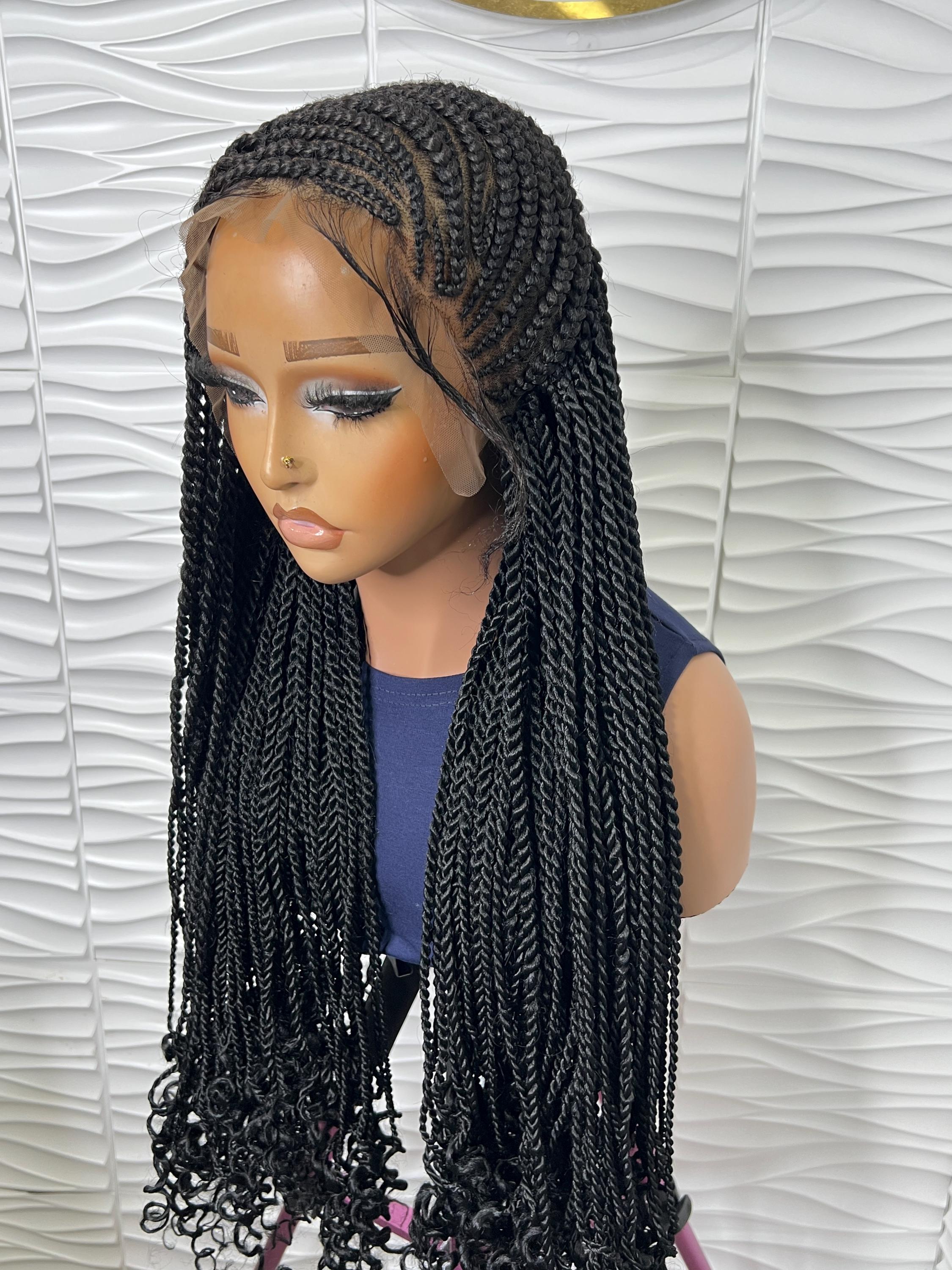 Cornrows Senegalese gevlochten pruik, zwart gevlochten pruik, twist met twee strengen, vlechten met gekrulde punten, pruiken voor zwarte vrouwen.