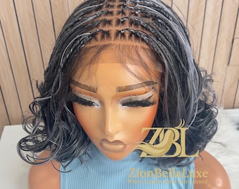 Salt And Pepper French Curls Bob Lace Front Braids, 12”Box Braids Black Women Wigs.