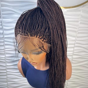 May include: A brown braided wig with a lace front and a ponytail. The wig is styled in small, thin braids.