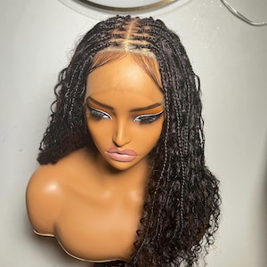HD Lace Braided wig, Short Boho Braids Wig – 14 Inch Human Hair Curls Knotless Braids, Glueless Lace, Black Braids, Wig for black women.