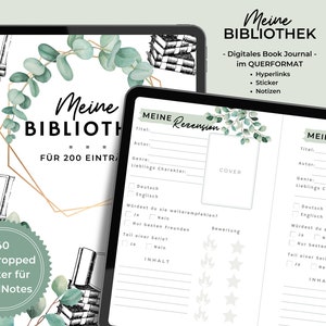 Könnte beinhalten: Eine digitale Buchjournal-Vorlage für GoodNotes mit grünem Blätterhintergrund. Die Vorlage ist für die Verfolgung von 200 Büchern mit einem Abschnitt für Buchrezensionen konzipiert. Die Vorlage enthält eine Titelseite mit dem Text "Meine Bibliothek" und einen Abschnitt für Buchrezensionen mit dem Text "Meine Rezension".