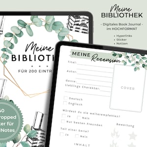 Könnte beinhalten: Eine digitale Planer-Vorlage für ein Buchjournal mit grünem, blättrigem Hintergrund. Die Vorlage enthält Abschnitte für Titel, Autor, Genre, Lieblingscharakter, Cover, Bewertung und mehr. Der Text auf der Vorlage lautet "Meine Bibliothek" und "Meine Rezension".