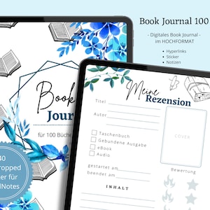 Könnte beinhalten: Eine digitale Buchjournal-Vorlage für GoodNotes mit einem blauen und weißen Aquarell-Design und einem Buch-Symbol. Die Vorlage enthält Abschnitte für Titel, Autor, Cover, Bewertung und mehr. Der Text "Book Journal 100" wird oben im Bild angezeigt.