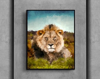 Original Abstract Lion Painting | Lion Watercolor Art Print | African Safari Wildlife Poster | Modern Animal Wall Canvas