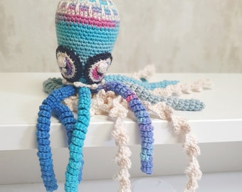 Ready to Ship-Handmade Gift Unique Newborn Blue Baby Rattle Sensory Octopus Crochet Toy Birthday