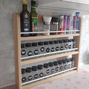 Wooden spice rack with aluminium rails, Spice Holder, Spice Organizer, Kitchen Spice Bottle Rack, Wooden Spice Rack, Wall mounted organizer