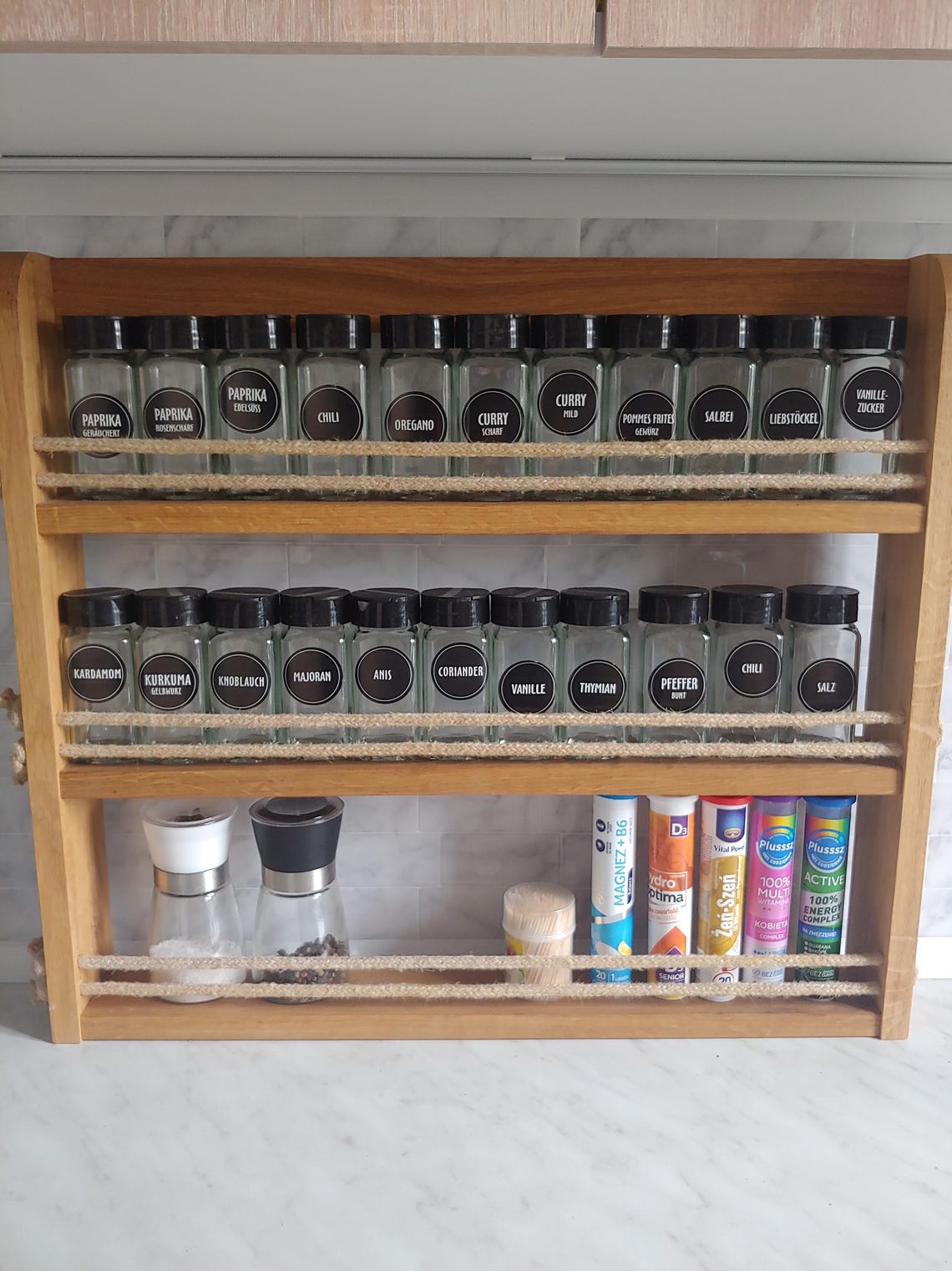 Spice Rack Wire Rails Spice Rack Wooden With Rope Rails, Spice Holder, Spice Organizer ...