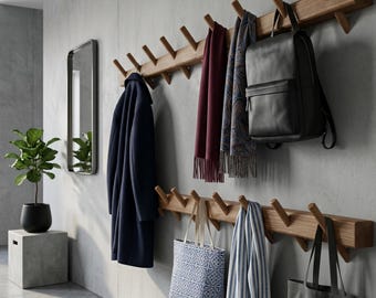 Könnte beinhalten: Zwei horizontale, an der Wand montierte Garderobenleisten aus Holz mit mehreren abgewinkelten Haken. Die obere Leiste trägt einen marineblauen Mantel, einen weinroten Schal, einen gemusterten Schal und einen schwarzen Rucksack. Die untere Leiste trägt eine Tasche.