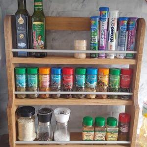 Spice rack wooden with aluminium rails, Spice Holder, Spice Organizer, Kitchen Spice Bottle Rack, Wooden Spice Rack, Wall mounted organizer