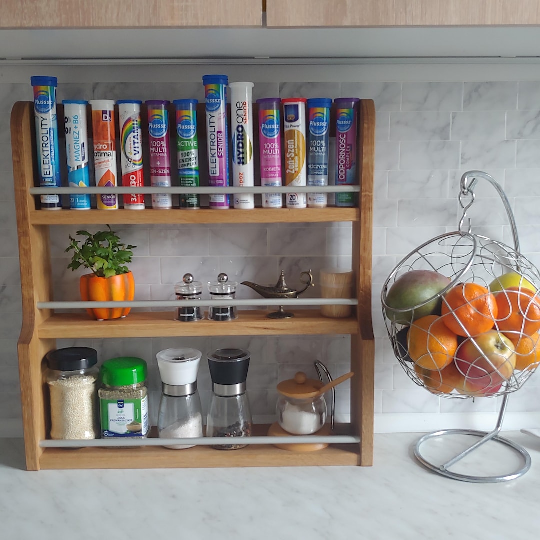 Spice Rack Wooden With Aluminium Rails, Spice Holder, Spice Organizer ...