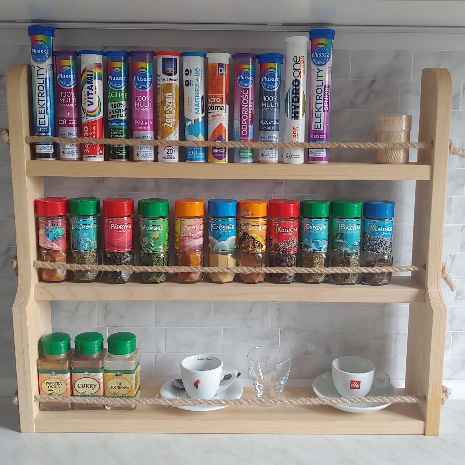 Spice Rack Large Wooden With Rope Rails, Spice Holder, Spice Organizer ...