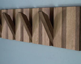 Modern piano oak coat rack with fumed oak hooks , Wooden wall hanger, Flip down wall coat rack, Oak wood rack, Wall mounted organizer