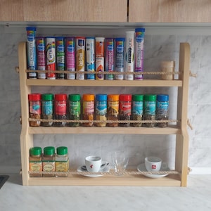 Spice rack large wooden with rope rails, Spice Holder, Spice Organizer, Kitchen Spice Bottle Rack, Wooden Spice Rack, Wall mounted organizer