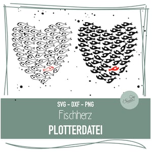 Könnte beinhalten: Zwei herzförmige Designs aus Fischillustrationen. Ein Herz ist schwarz-weiß, das andere ist schwarz mit einem einzelnen roten Fisch. Der Text "SVG - DXF - PNG Fischherz PLOTTERDATEI" ist enthalten.