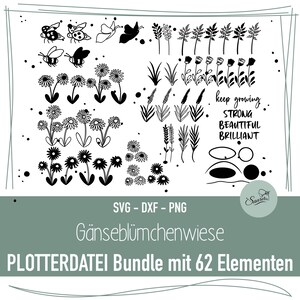 Könnte beinhalten: Schwarz-weiße digitale Designelemente zum Basteln, darunter Blumen, Schmetterlinge, Marienkäfer und Blätter. Der Text "keep growing. STRONG BEAUTIFUL BRILLIANT" ist enthalten.  SVG - DXF - PNG Gänseblümchenwiese PLOTTERDATEI Bundle mit 62 Elementen