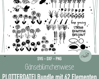 Plotter file bundle daisy meadow with 62 elements - SVG, DXF and Png, plotter template flowers, flower plot, plot bee and butterfly