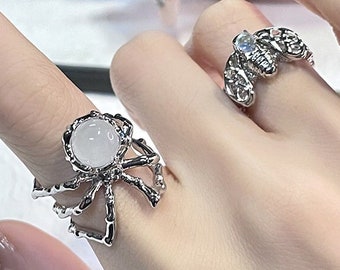 Gothic Spider Dark Punk Grunge Adjustable Ring, Metallic Emo Ring, Silver Spider Ring, Moonstone Spider Ring, Grunge Aesthetic Jeweley