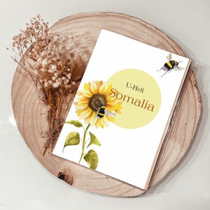 U-Heft Hülle mit Namen und Geburtsdatum | Sonnenblumen| Hummeln | Personalisierbar