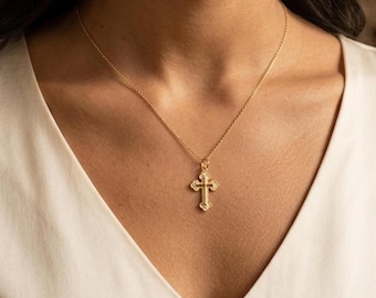 10K Gold Budded Cross Pendant • Tiny Orthodox Cross Necklace Dainty Trinity Cross Charm Religious Faith Jewelry • Baptism Confirmation Gift