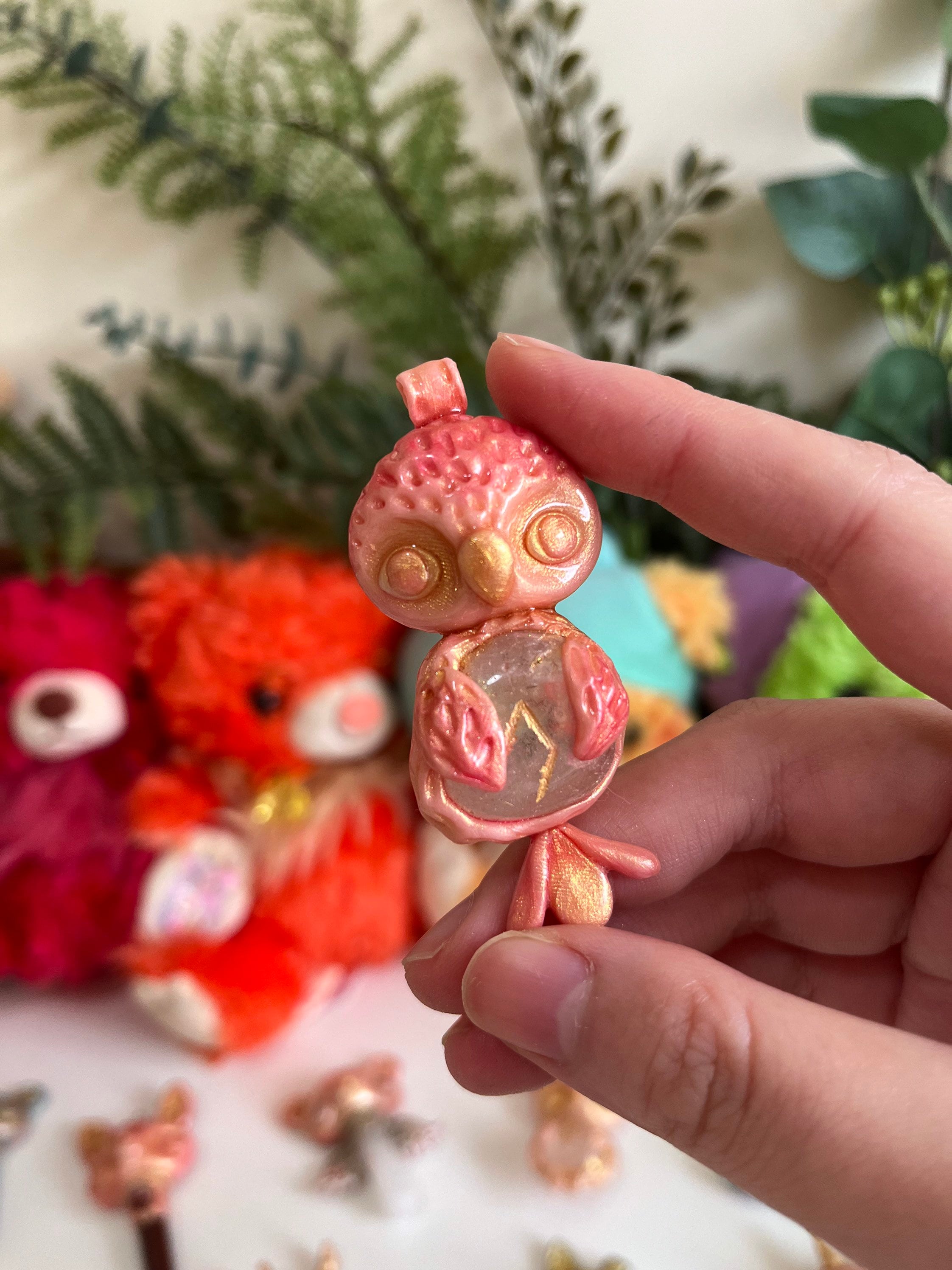 The spiritual fairy owl clear quartz crystal runes clay handmade pendant necklace bird charm fantasy