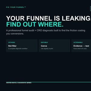 May include: A dark background graphic titled FIX YOUR FUNNEL with the text YOUR FUNNEL IS LEAKING. FIND OUT WHERE. It describes an 18-page professional funnel audit and CRO diagnostic tool that is editable in Canva and provides actionable evidence.