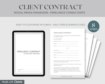 Client Contract Social Media Manager | Freelance Contract Editable Canva Template | Minimalist Template | Consultant Contract