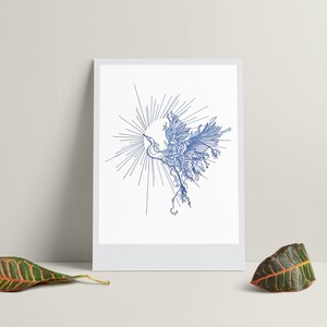 Carte de vœux d’oiseau, carte d’occasion, œuvre d’art surréaliste, bleu monochrome, cadeau conscient, inspiré de la nature, dessiné à la main, papier recyclé