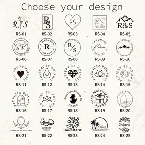 May include: A selection of 25 circular design options for pottery or craft stamps, featuring various logos, text, and symbols. The designs include initials, hearts, mountains, and floral elements, all in black and white.