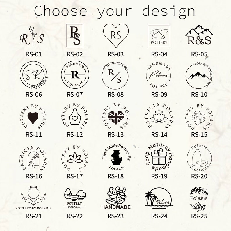 May include: A selection of 25 circular design options for pottery or craft stamps, featuring various logos, text, and symbols. The designs include initials, hearts, mountains, and floral elements, all in black and white.
