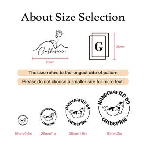 May include: A size selection guide for custom stamps featuring black line art designs. It displays examples with the name Catherine, a rose, and a letter G. Measurements are provided in millimetres and inches, ranging from 15mm/0.6in to 50mm/2in.
