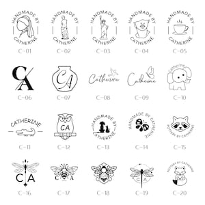 May include: A collection of black and white logo designs featuring various illustrations, including a woman with a pearl earring, a statue, the Statue of Liberty, a bust, a coffee cup, and animals. Each design includes the name "Catherine".