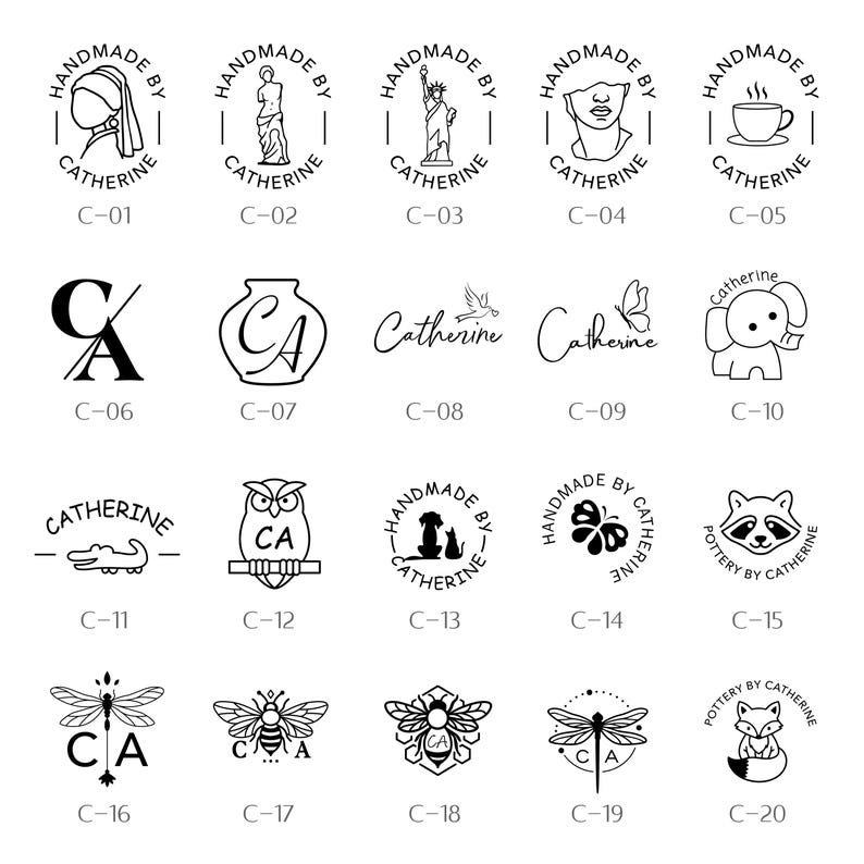 May include: A collection of black and white logo designs featuring various illustrations, including a woman with a pearl earring, a statue, the Statue of Liberty, a bust, a coffee cup, and animals. Each design includes the name "Catherine".