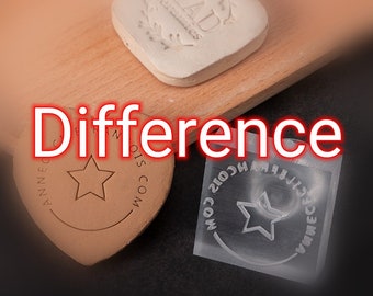 May include: Two different stamps, one made of clay and one made of clear plastic, both with a star design. The clay stamp has the text "ANNECCOIS.COM" and the plastic stamp has the text "COM.ANNECCOIS.COM". The word "Difference" is written in red above the stamps.
