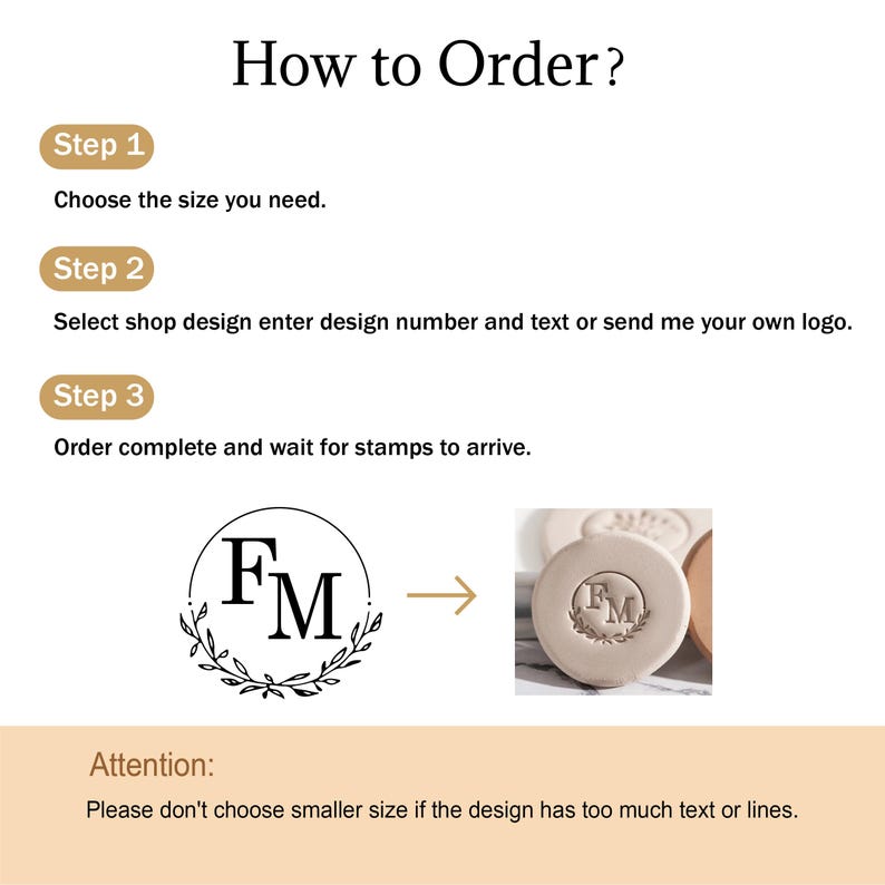 May include: An instructional graphic titled How to Order with three steps. Step 1: Choose the size. Step 2: Select shop design, enter design number and text or send logo. Step 3: Order complete and wait for stamps. Includes a monogram FM stamp example.