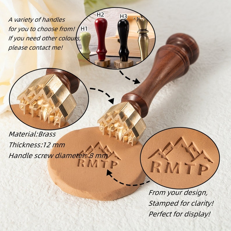 May include: A wooden handled brass stamp with a mountain design, used to imprint the letters "RMTP" on a tan surface. The stamp head is 12 mm thick and has an 8 mm handle screw diameter. The image also shows a variety of handle colors.