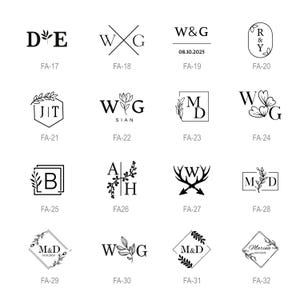 May include: A collection of sixteen black and white graphic logo designs labelled FA-17 through FA-32. Each design features unique combinations of letters, botanical illustrations, geometric shapes, and dates, presented in a grid layout on a white background.