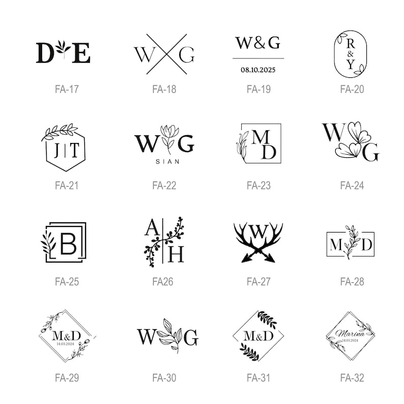 May include: A collection of sixteen black and white graphic logo designs labelled FA-17 through FA-32. Each design features unique combinations of letters, botanical illustrations, geometric shapes, and dates, presented in a grid layout on a white background.