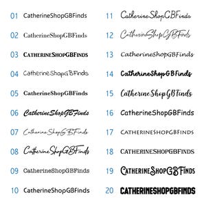 May include: A list of twenty distinct font styles displaying the text CatherineShopGBFinds, numbered 01 through 20. The text appears in various black typefaces, including serif, sans-serif, script, and decorative styles, arranged in two columns.